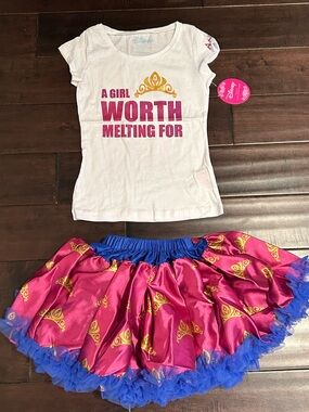 NEW Girls 2pc Disney Tutu Couture Sparkle Tee & Pink Princess Anna Skirt Set